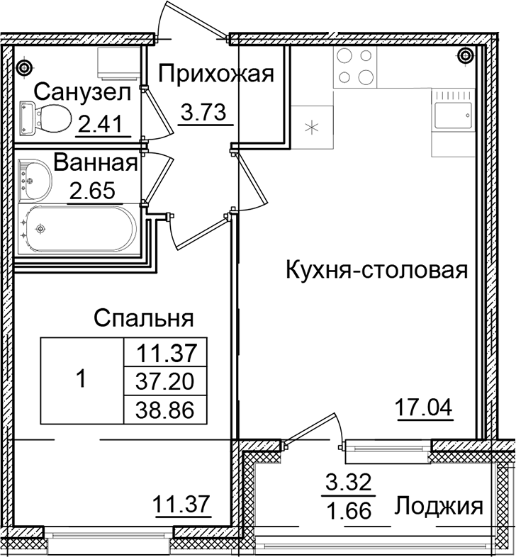 1-комнатная квартира 38.86 м², 2/9 эт., ЖК «Квартал Заречье»